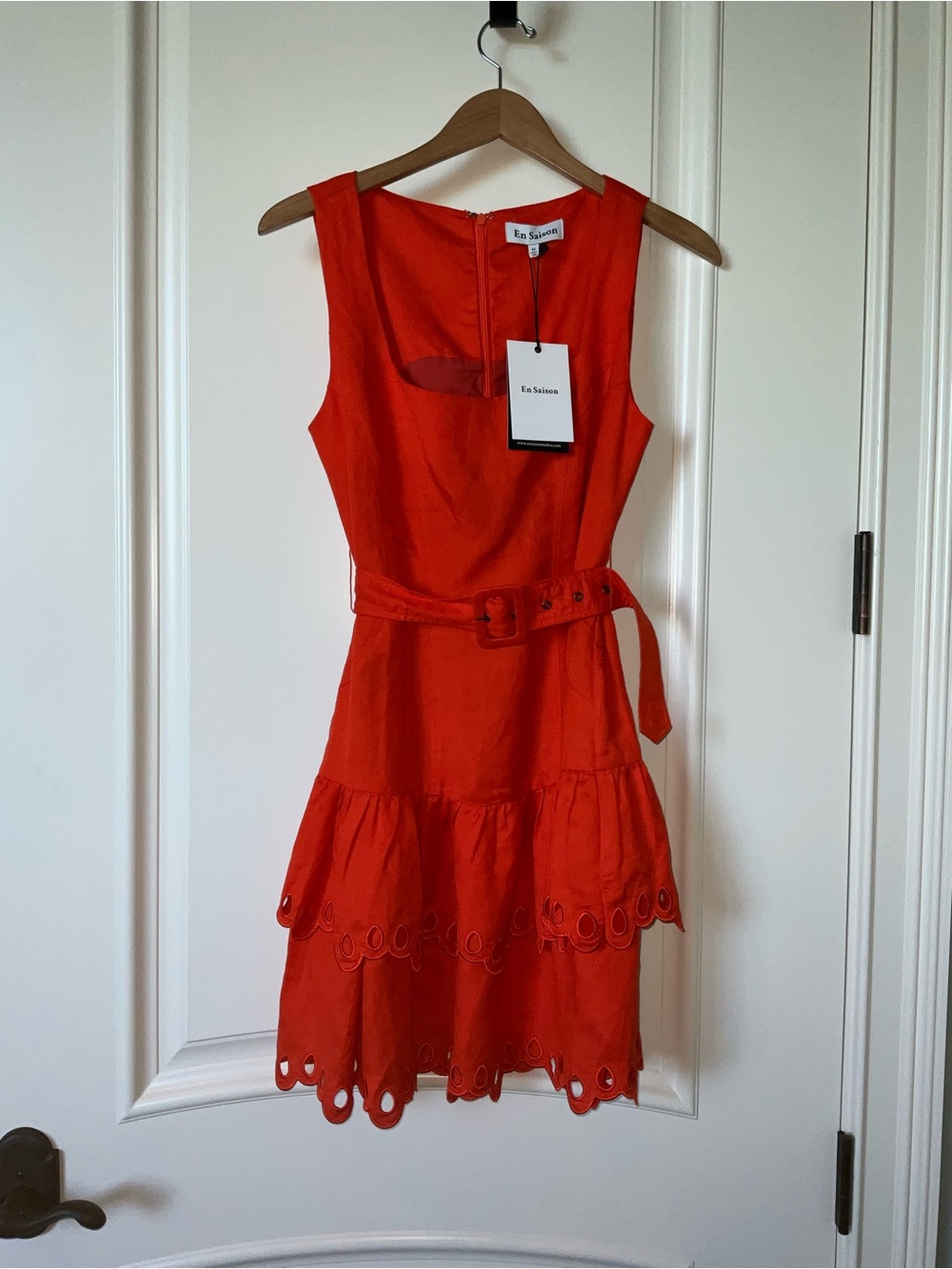 En Saison Red Sleeveless Belted Tiered Eyelet Dress